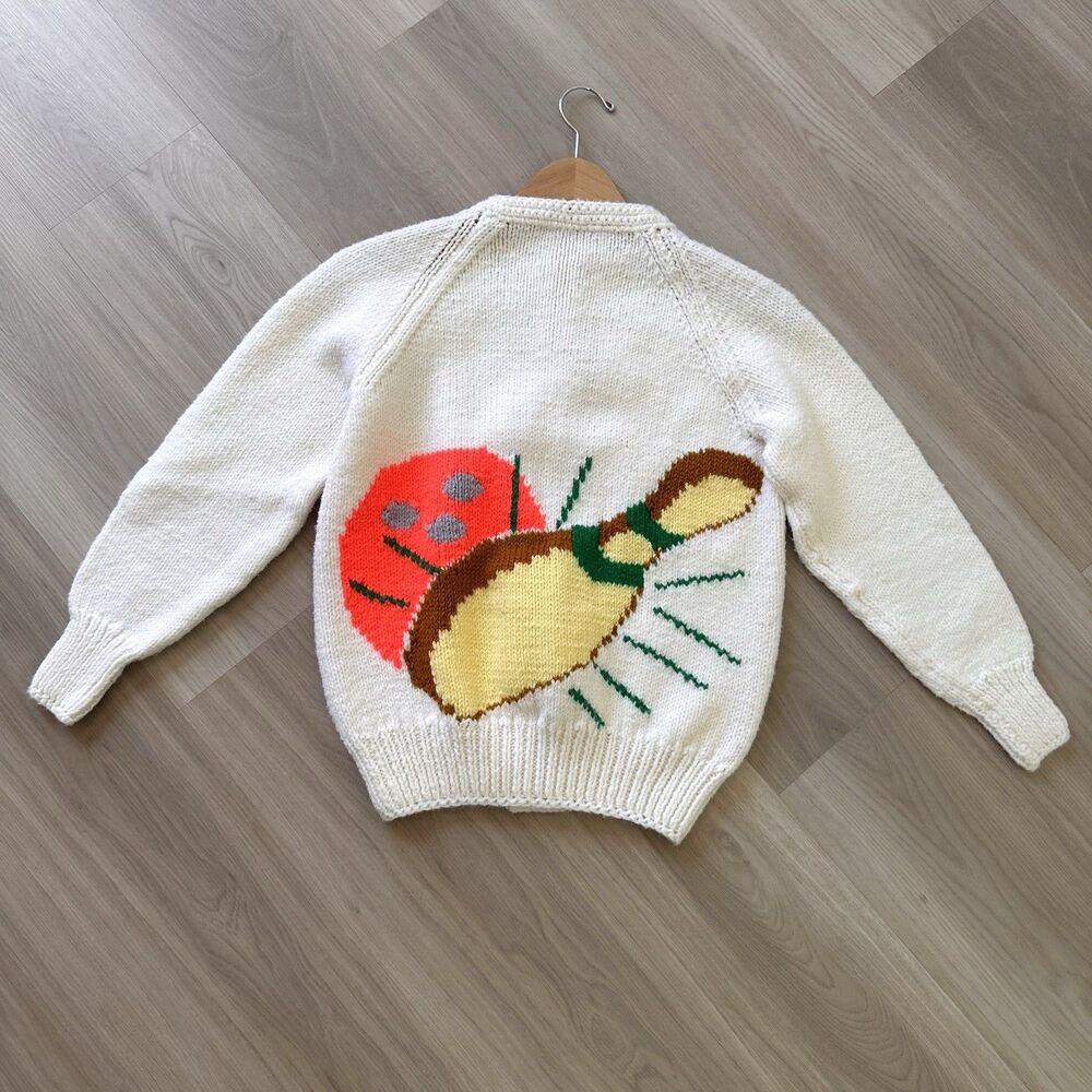 Vintage 60s Rockabilly Hand Knit Acrylic Women’s S Bowling Cardigan Americana